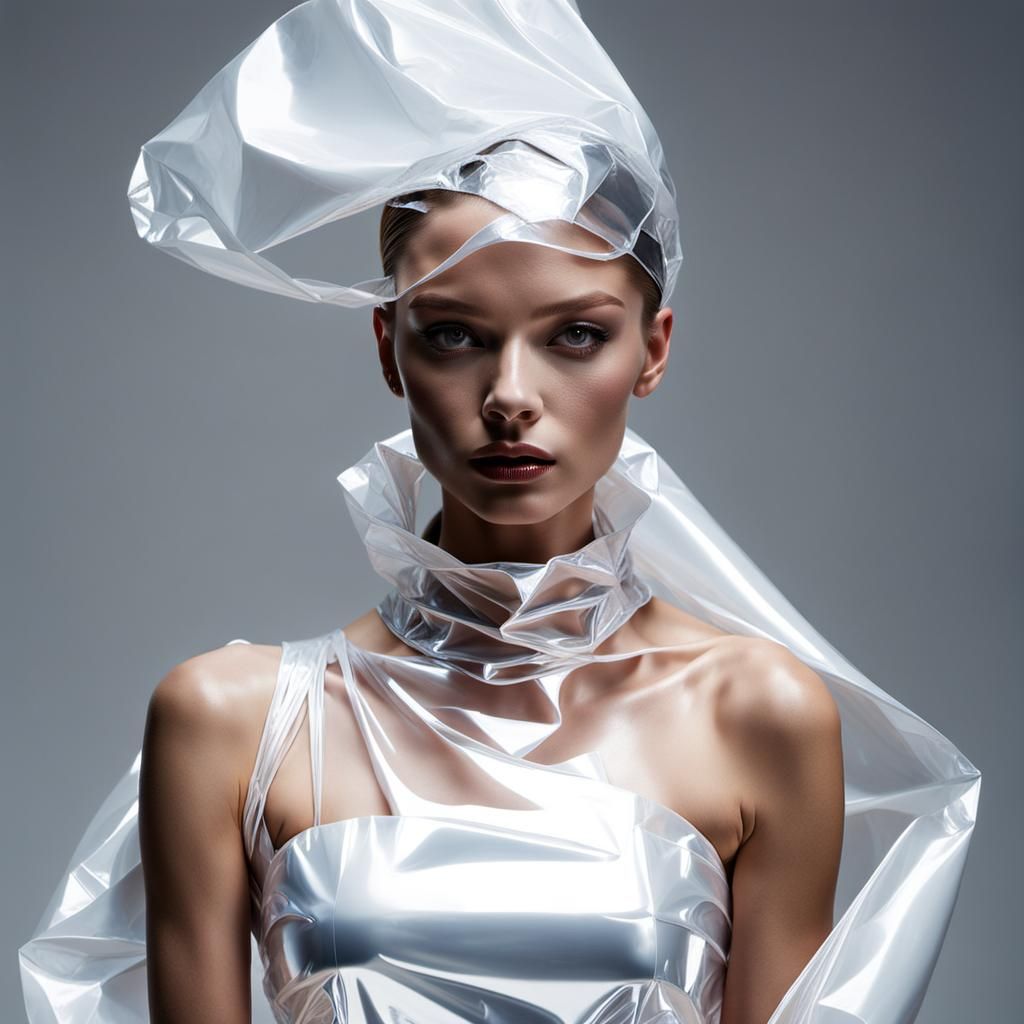 High Fashion Model in Plastic Bag Dress