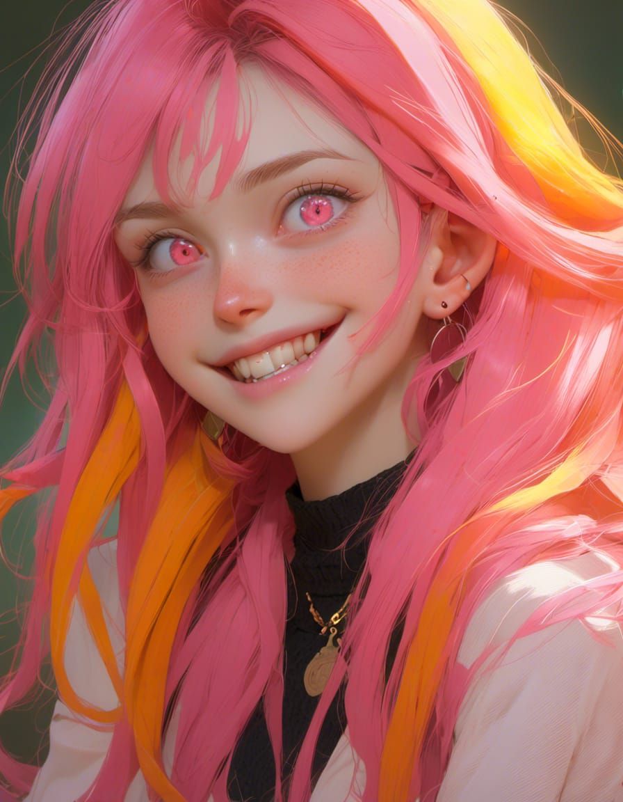 Anime Style Portrait of a Smiling Woman with Colorful Hair