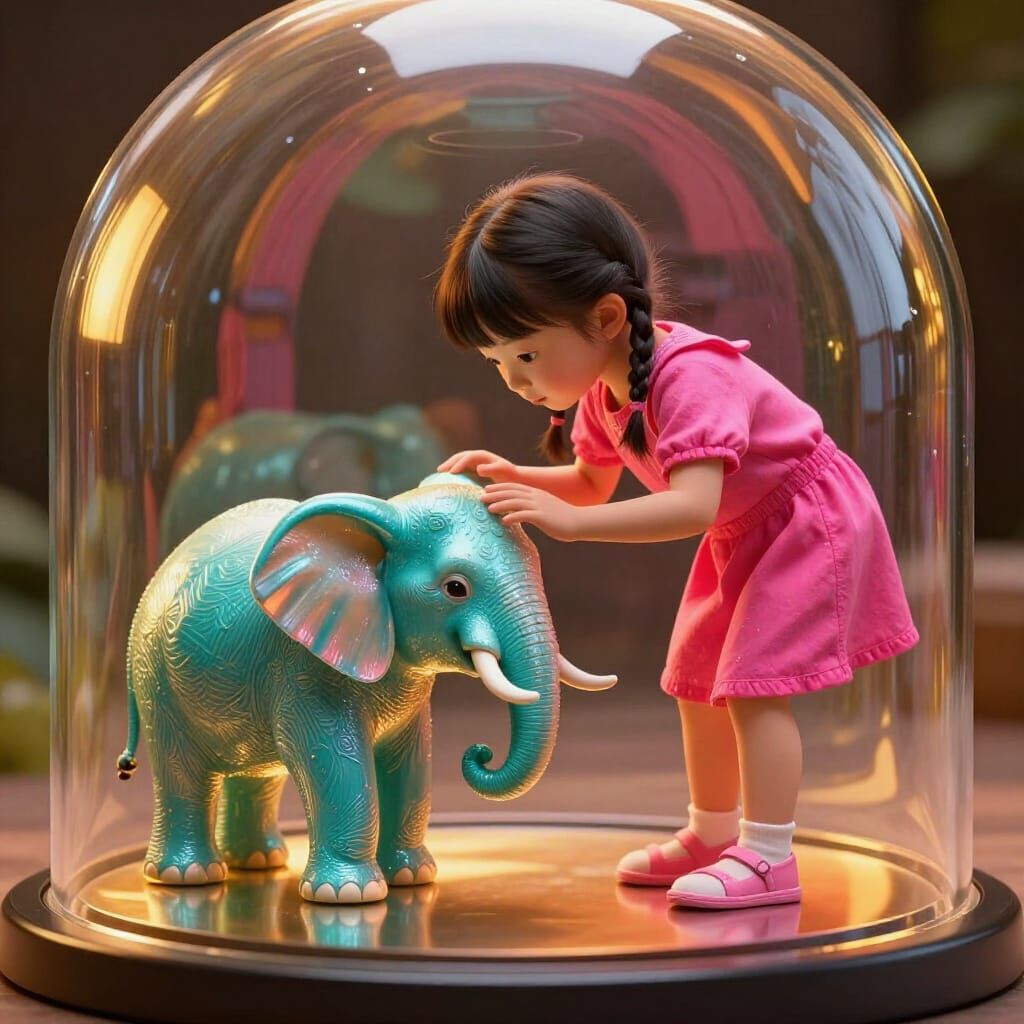 Girl Touches Shimmering Elephant in Glass Dome