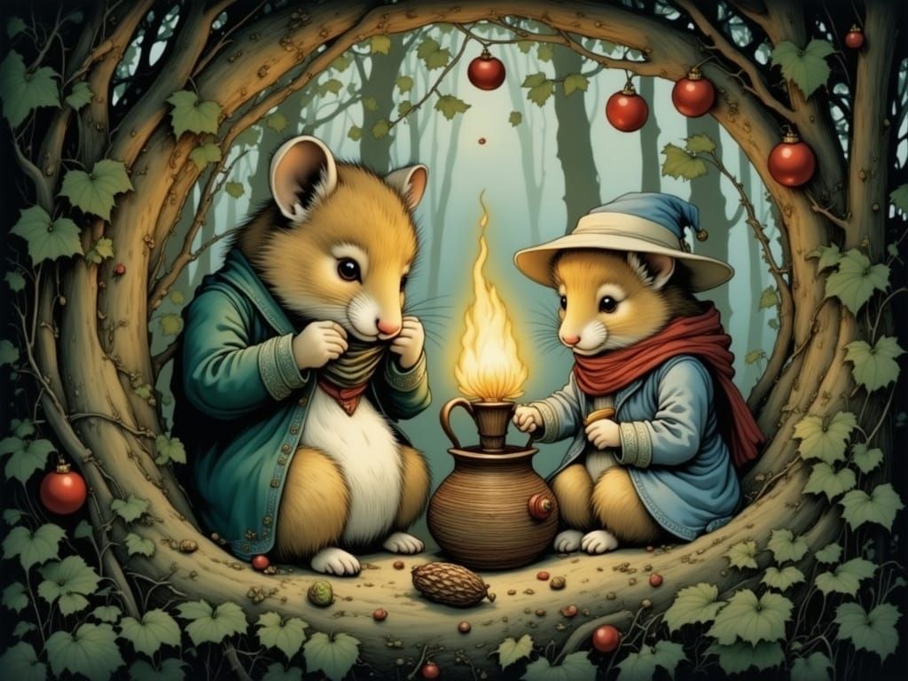 Whimsical Winter Wonderland: A Festive Scene of Mouse Family...