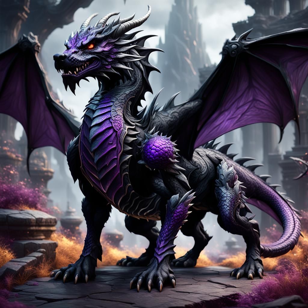 Detailed Purple and Black Dog Dragon Fantasy Art
