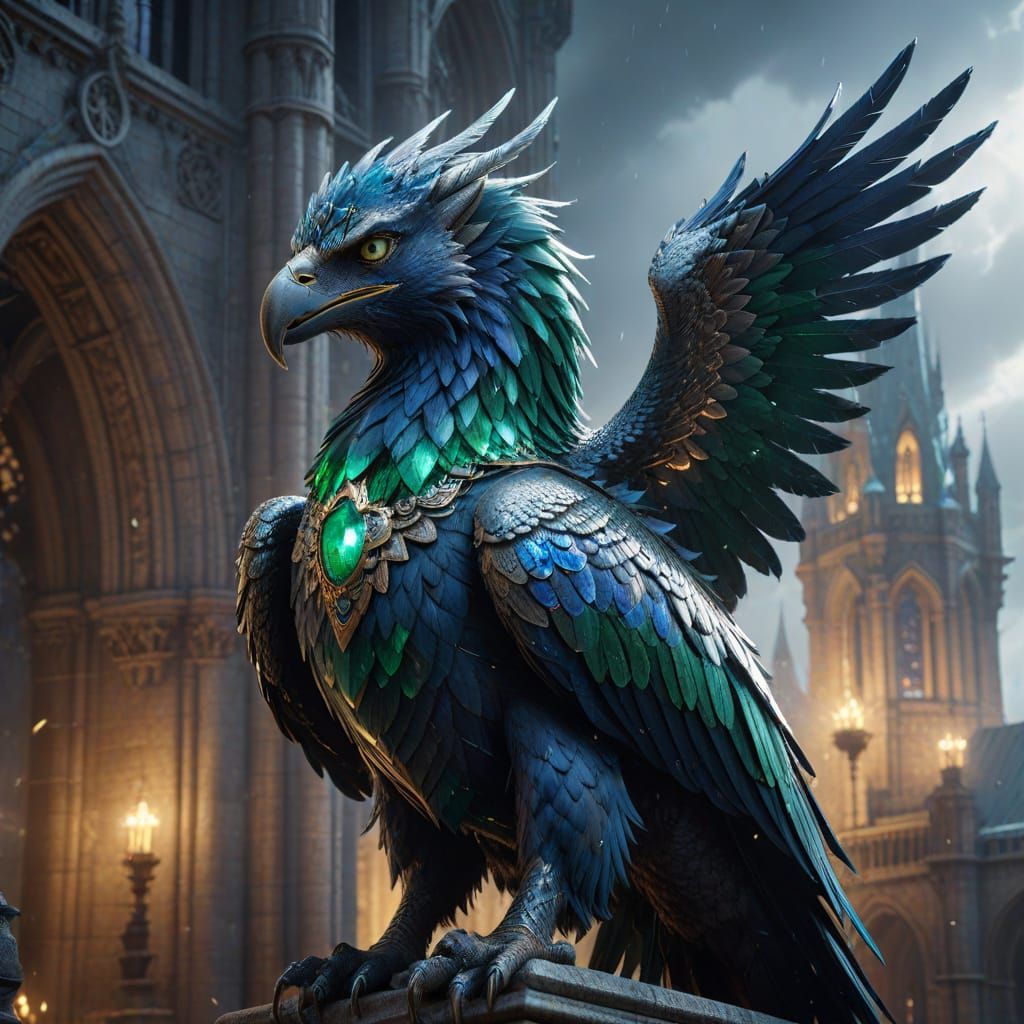 Majestic Griffin on Gothic Cathedral in Emerald and Sapphire...