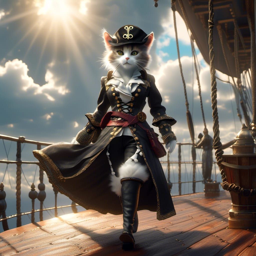Tabaxi Pirate on Airship Deck in Dramatic Sunlight