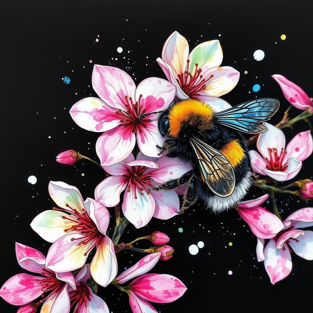Cherry Blossoms and Bumblebee in Watercolor