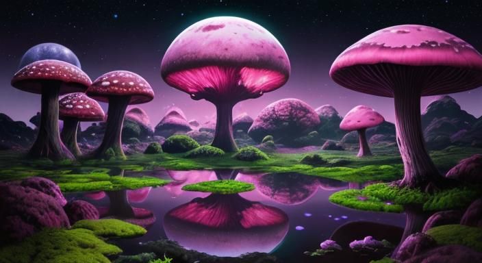 Alien Planet with Bioluminescent Mushrooms and Misty Sky