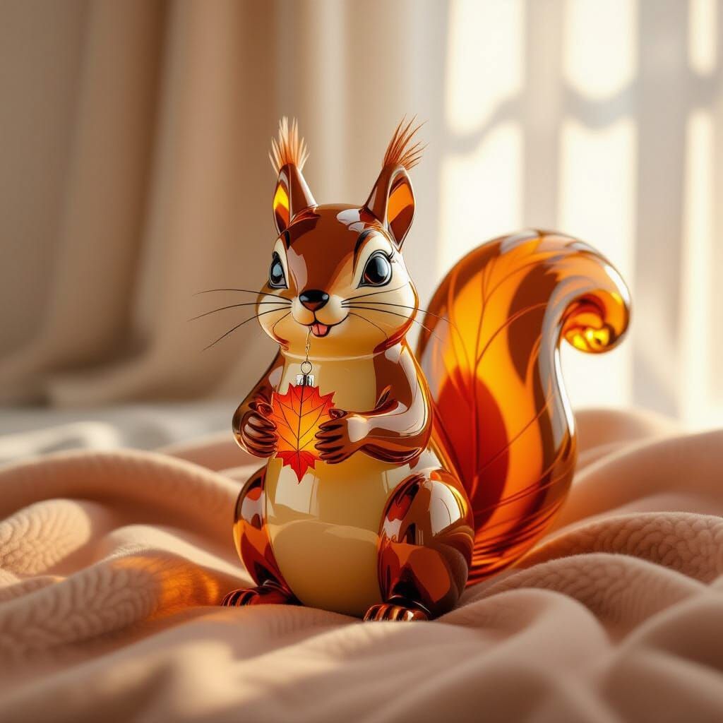 Transparent Orange Glass Squirrel with Autumn Leaf