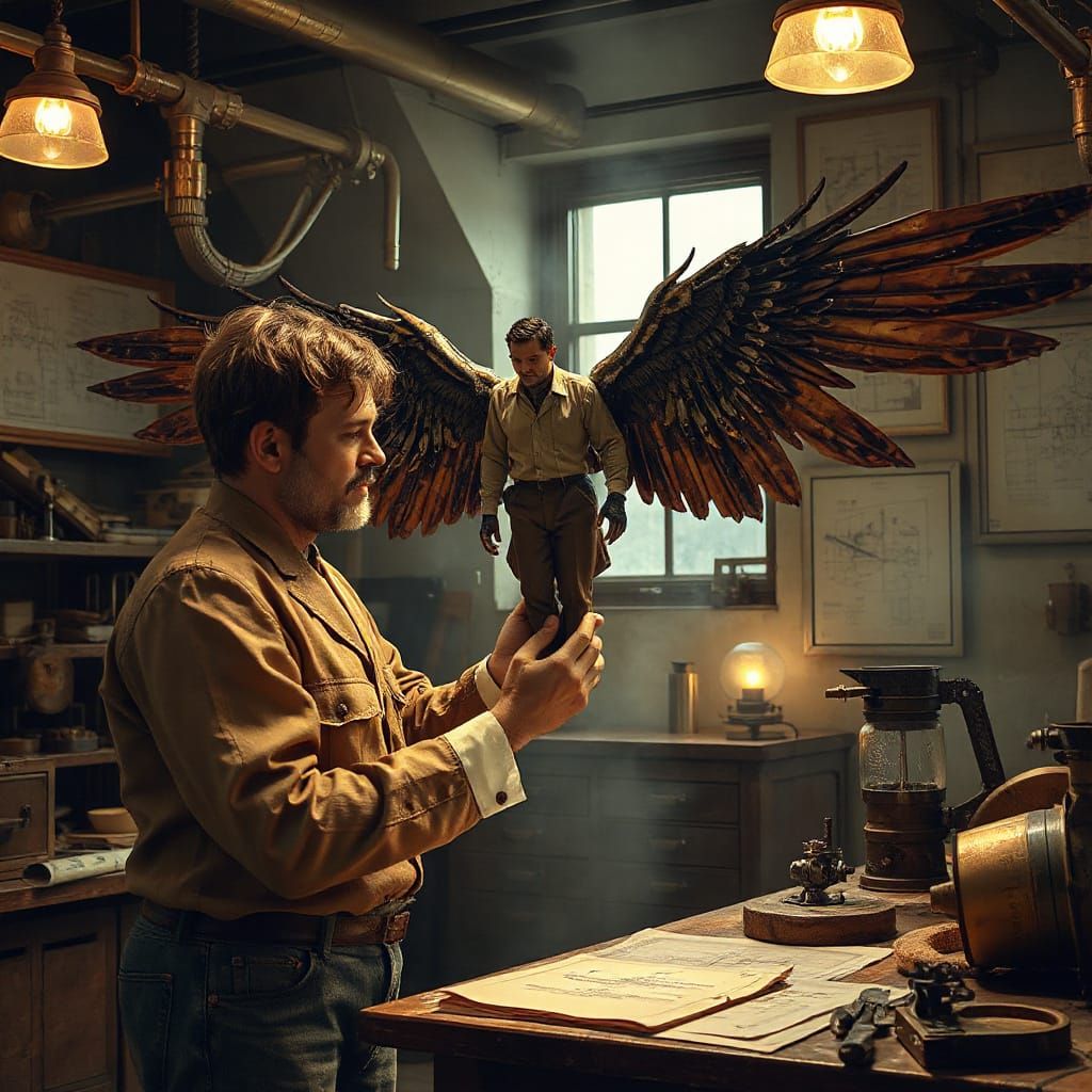 Steampunk Artisan Repairs Mechanical Wings in Workshop