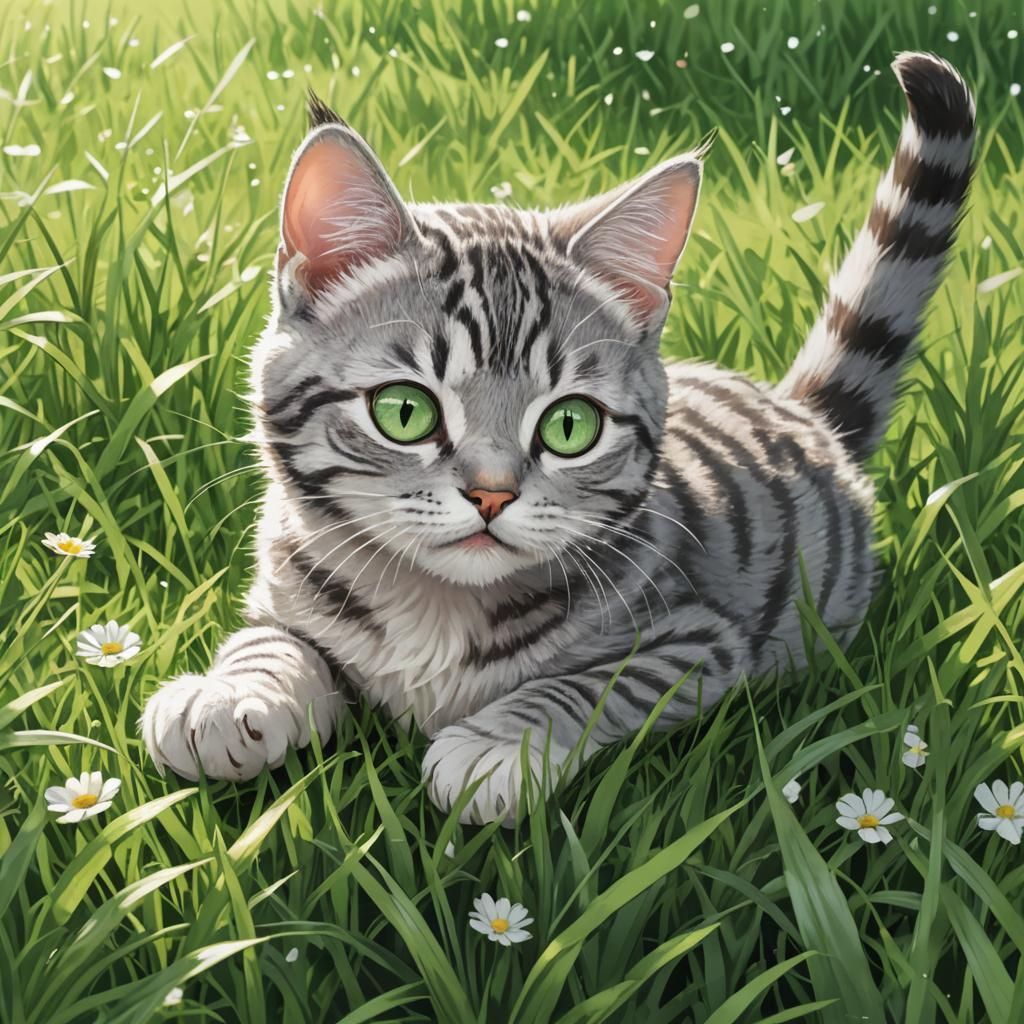Cute Tabby Cat Plays in Green Grass: Anime Style