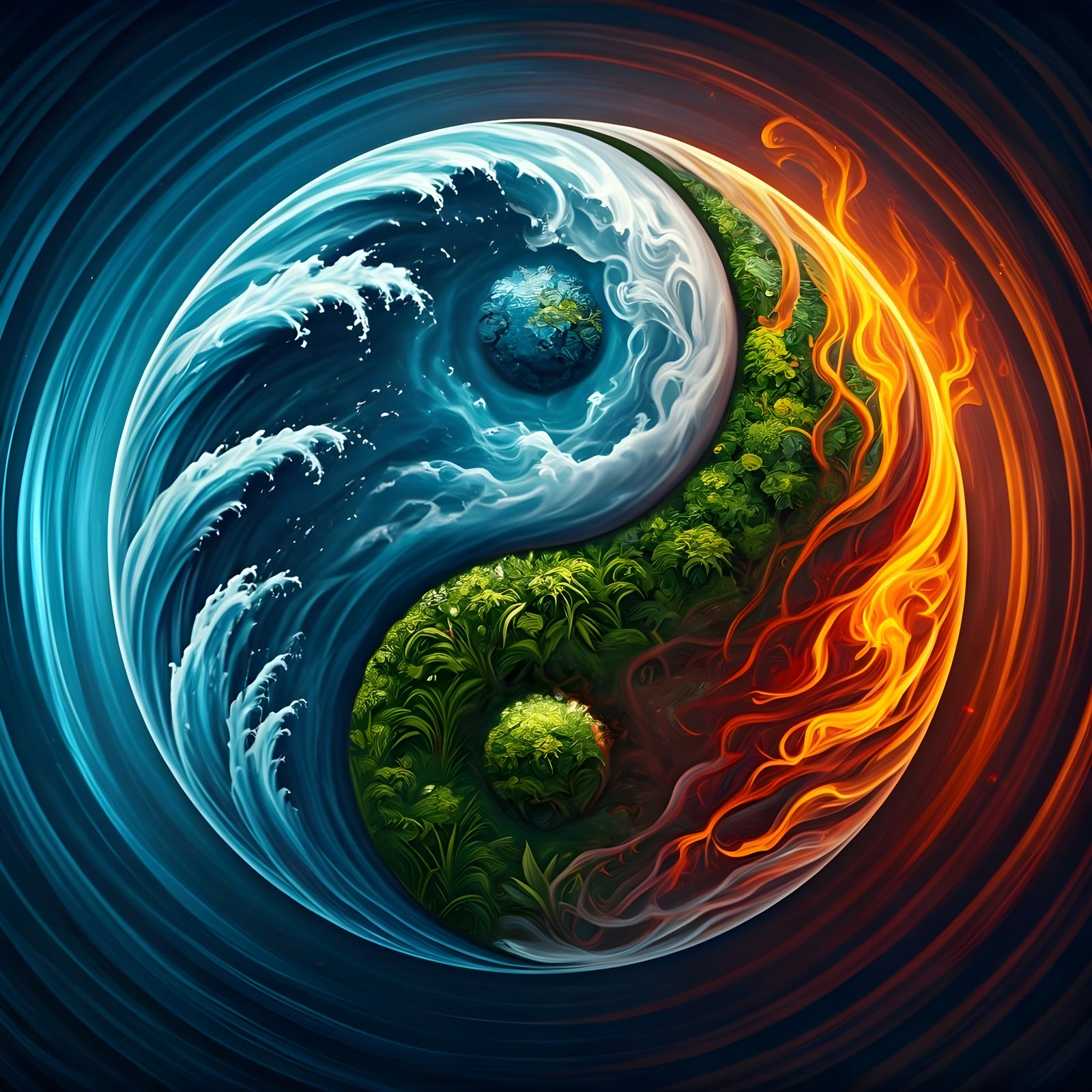 Yin Yang of Elements in Impressionist Watercolor Style