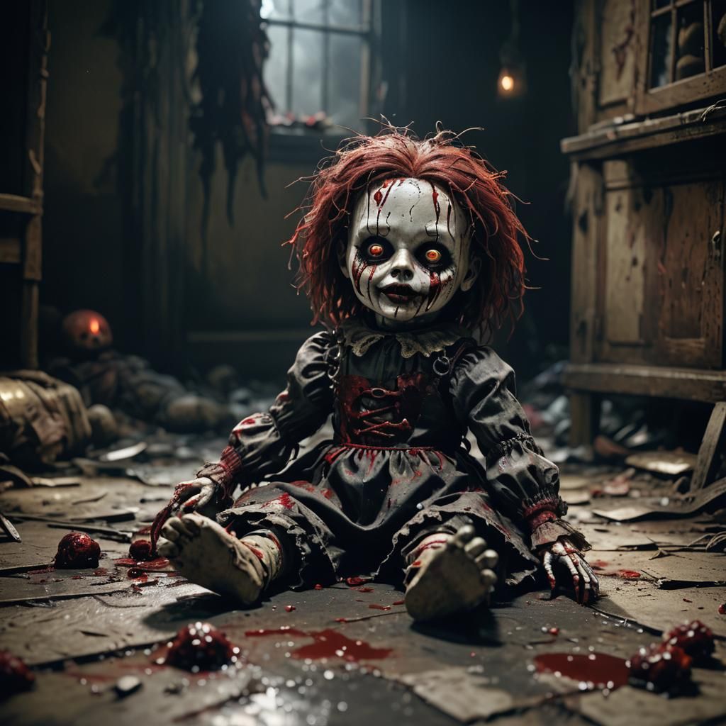 Dark Fantasy: Blood-soaked Doll in Haunted Room