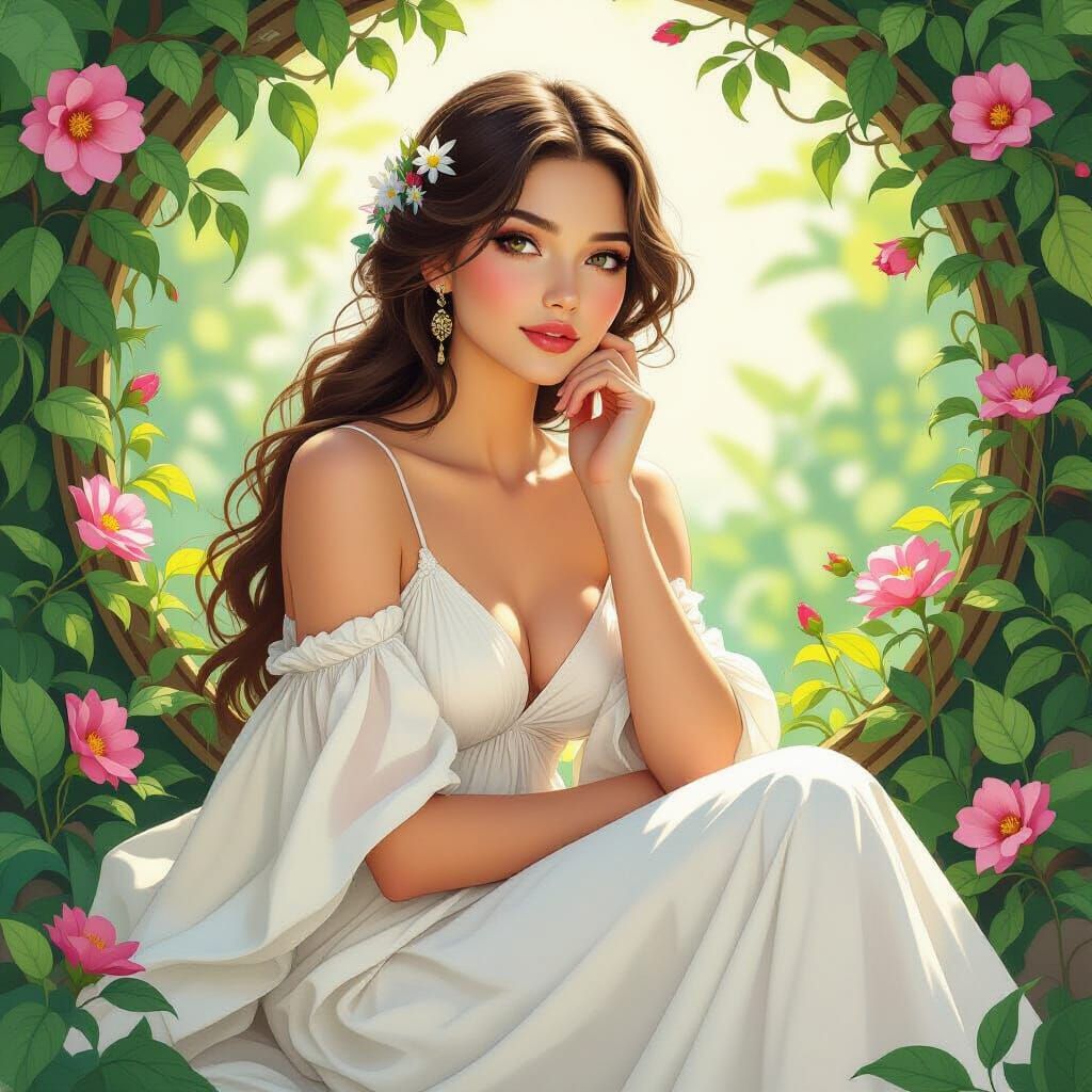 Serene Woman Surrounded by Flowers in Art Nouveau Style