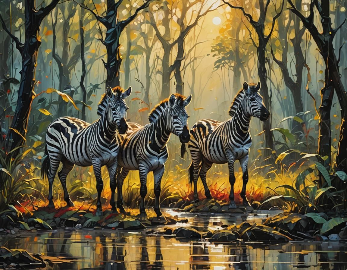 Abstract Zebras in Rainforest, Pollock Style