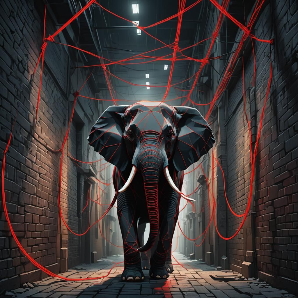 Red String Elephant in Mystical Dark Alley