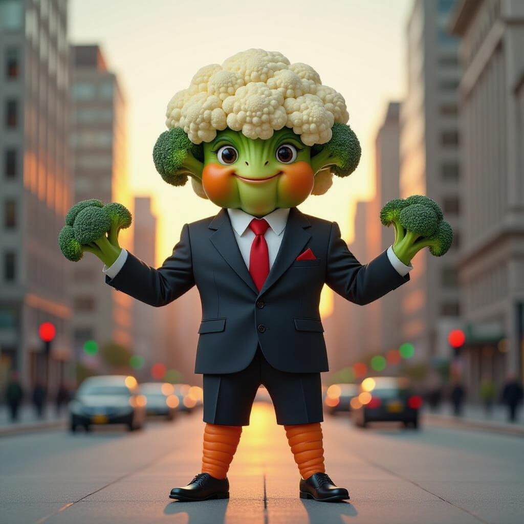 Whimsical Fruit and Veggie Creature in Business Suit