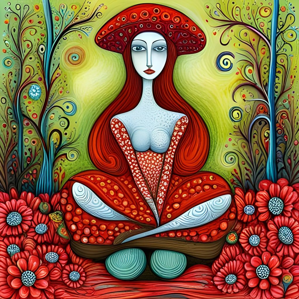 Dreamy Vine Woman on Mushroom, Art Brut Style