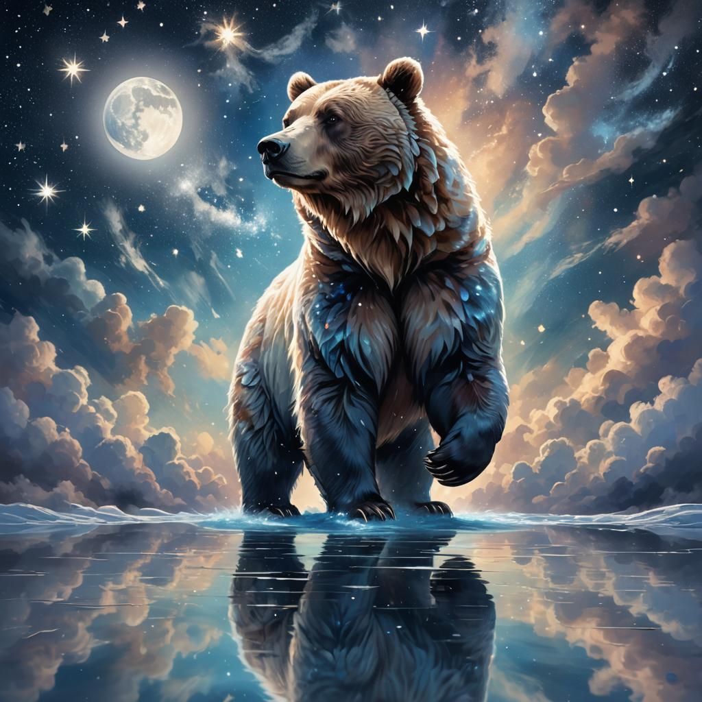 Luminous Bear Under Starry Sky: A Digital Painting