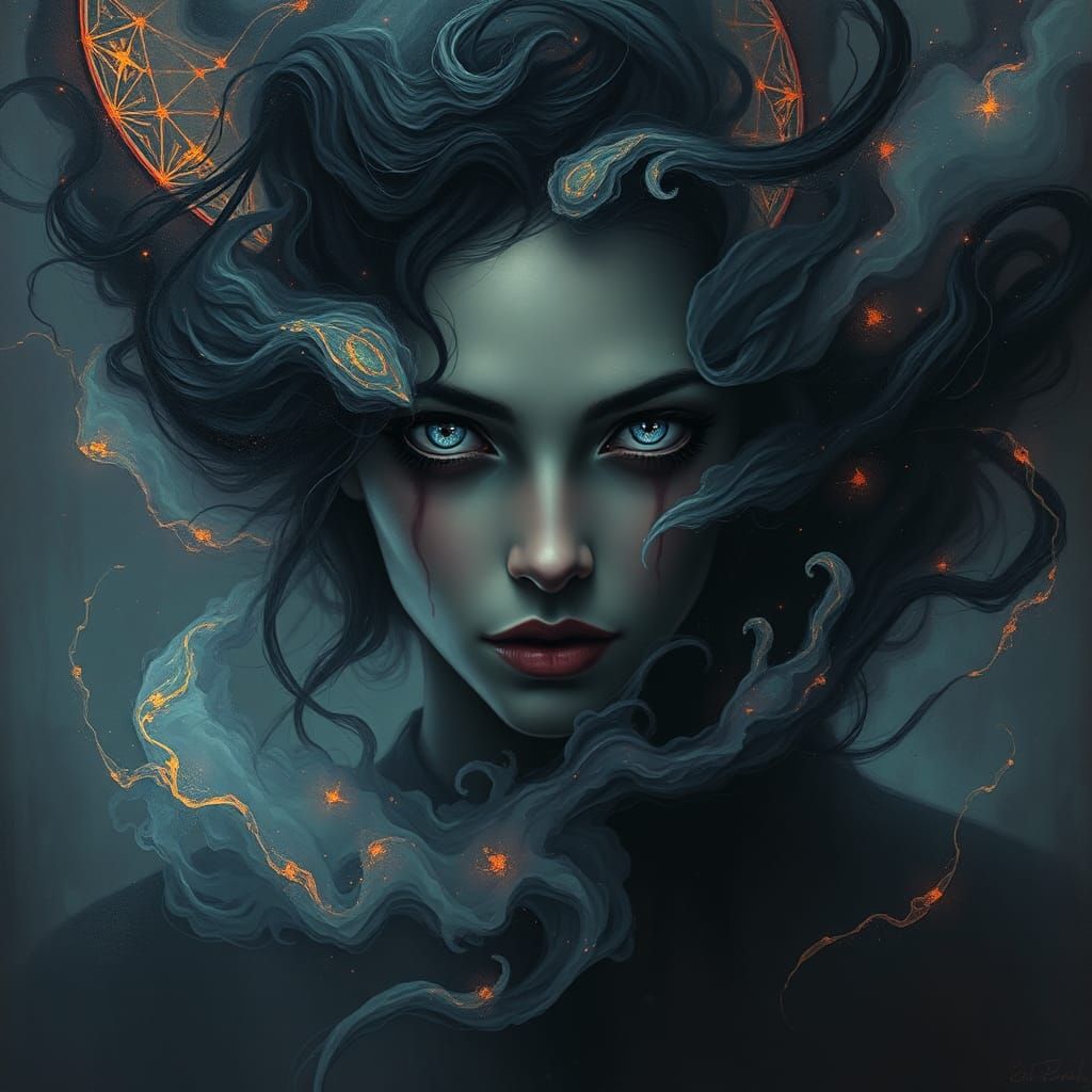 Mystical Woman in Cosmic Realm: A Vibrant Gouache Painting