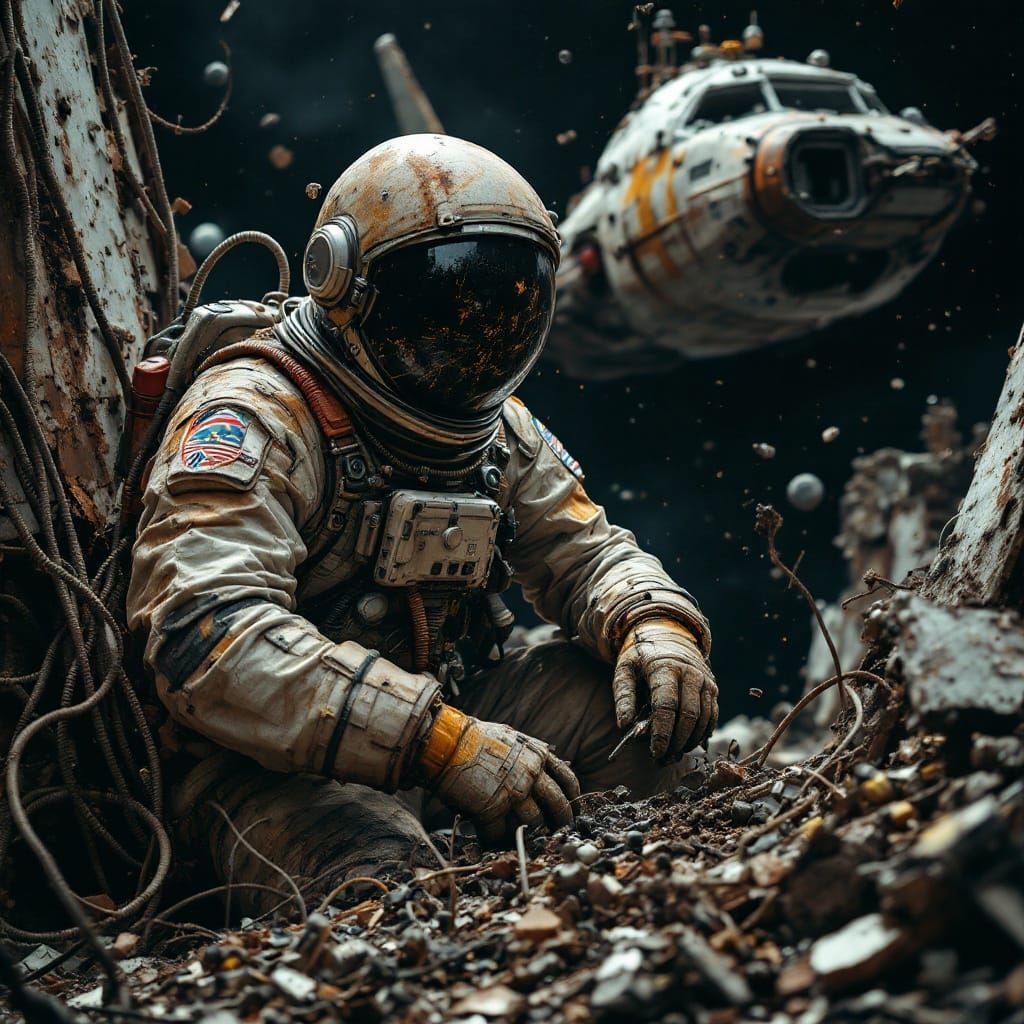 Astronaut Salvages Space Junkyard in Cyberpunk Aesthetic