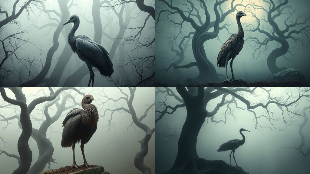 Mysterious Foggy Forest with Majestic Moa Bird