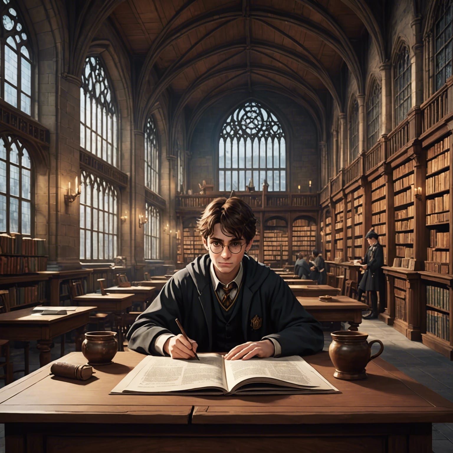Ordinary Wizarding Levels Exam in Hogwarts Library