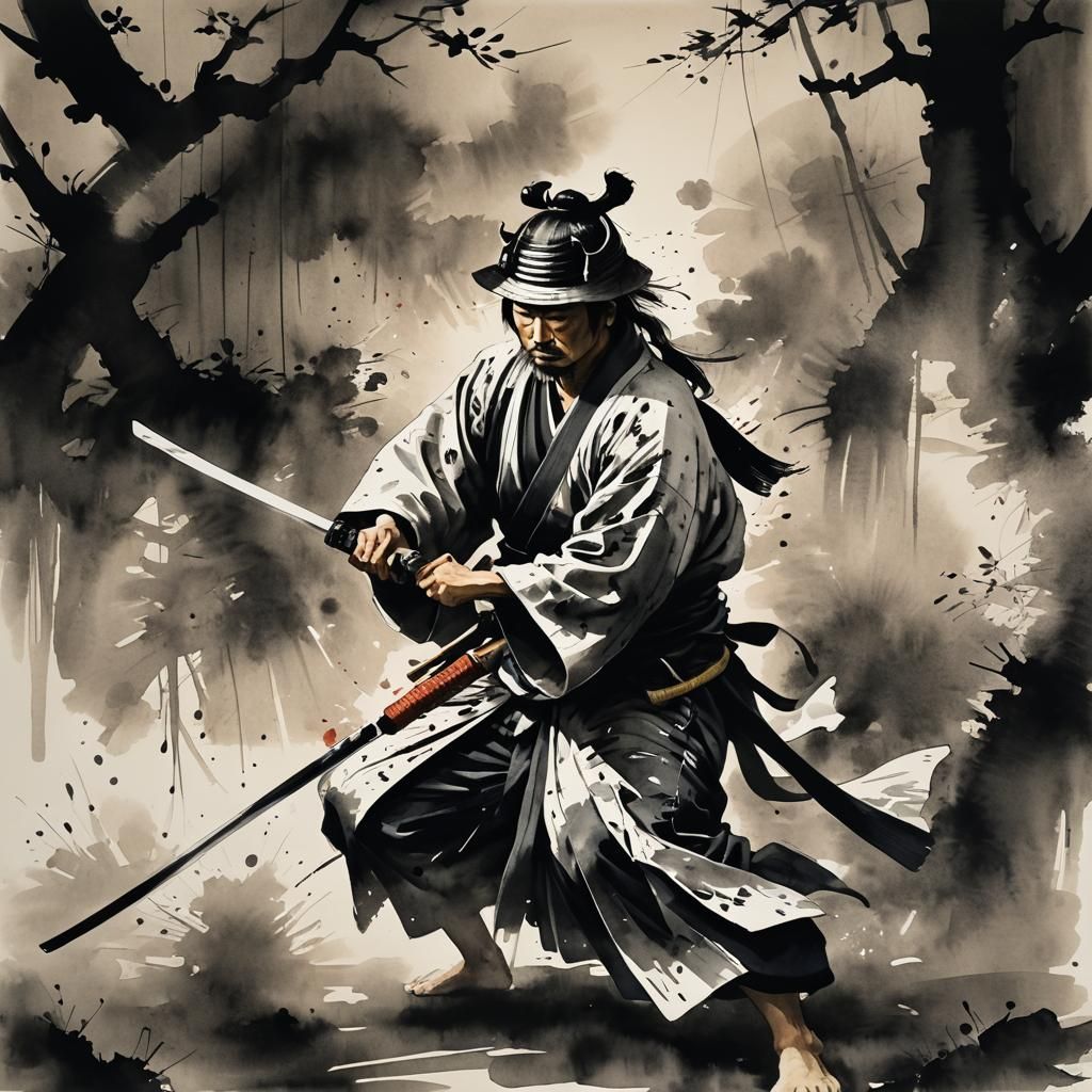 Samurai Katana in Ink Wash Painting Style