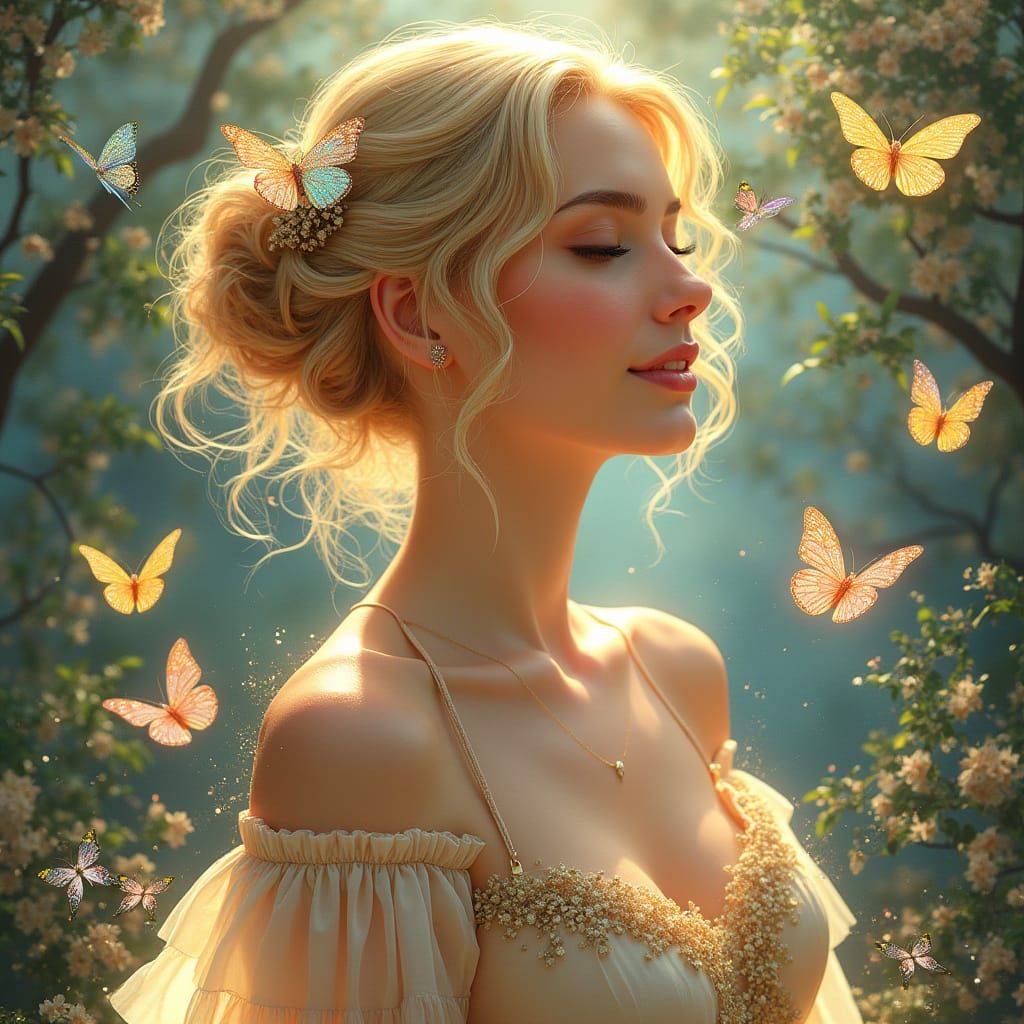 Blonde Woman with Butterflies in Art Nouveau Style