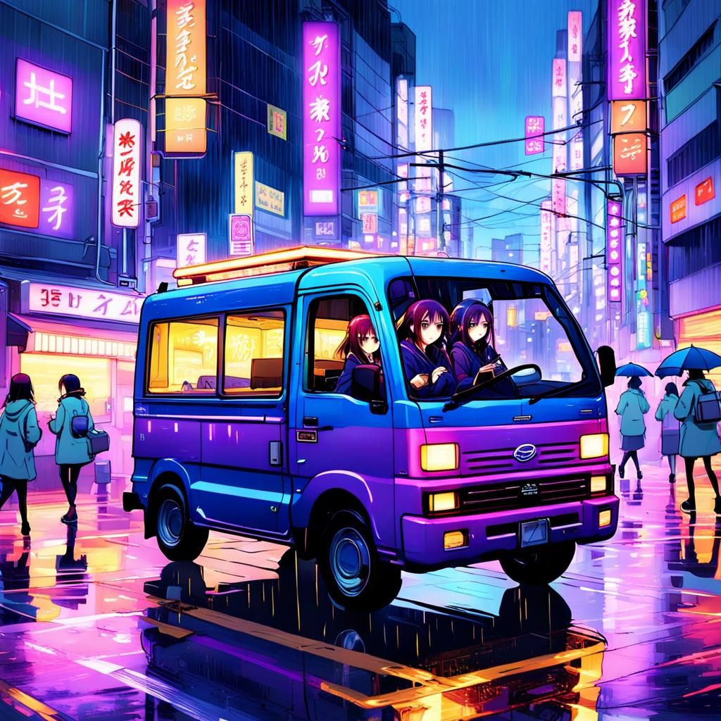 Manga-Inspired Girls Drift in a Kei Truck Amidst Tokyo's Bus...