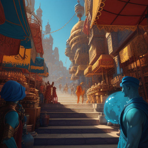 Magical Realism Concept Art of Genie and Aladdin in Vibrant....