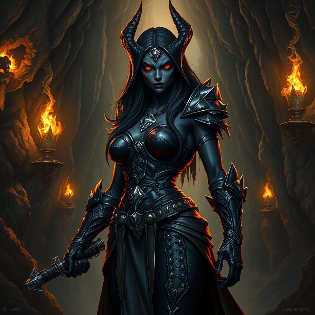 Dark Fantasy Drow Warrior in Underground Lair