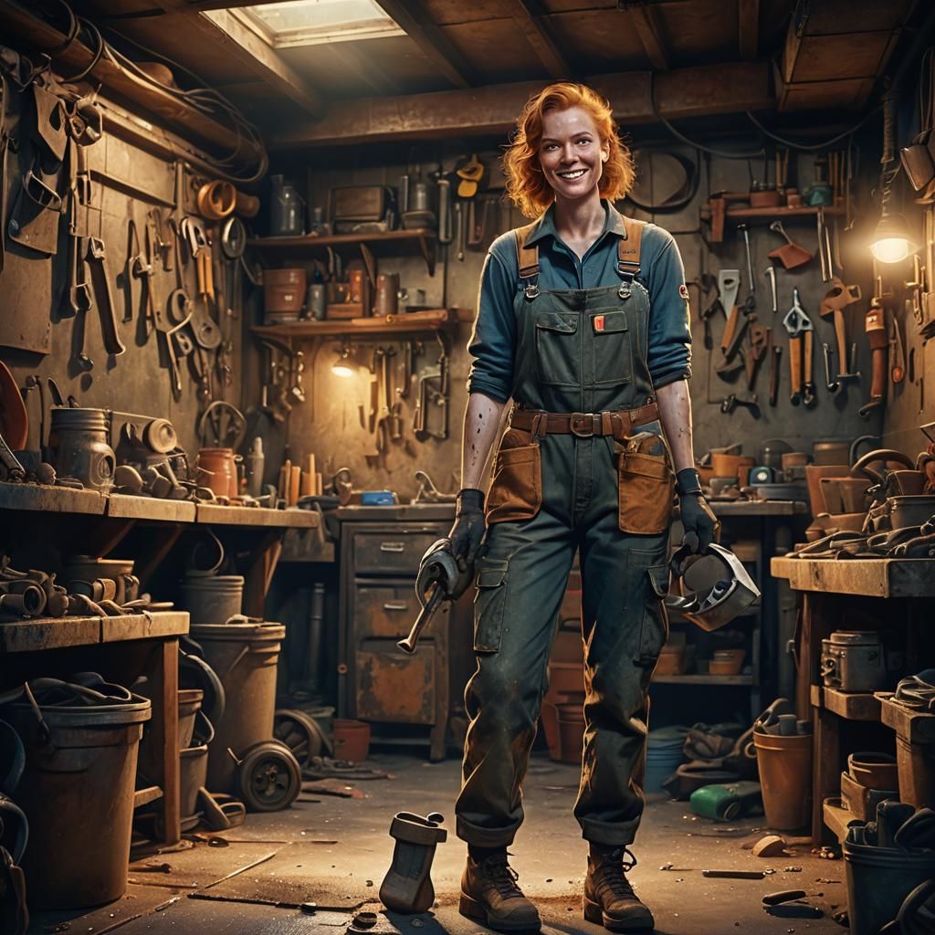 Ginger Mechanic in Dimly Lit Garage: Fantasy Art