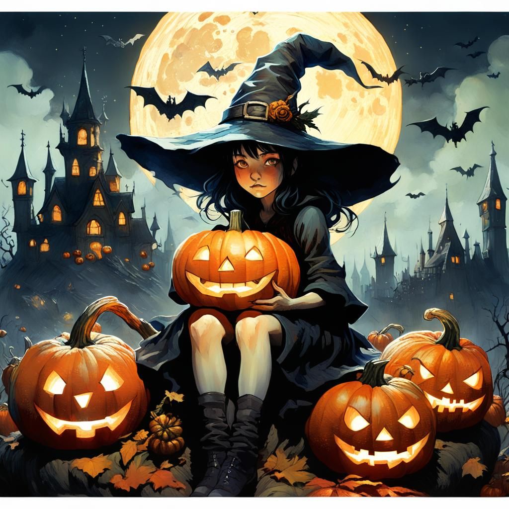 Beautiful Witch on Pumpkin in Hyperrealistic Digital Art