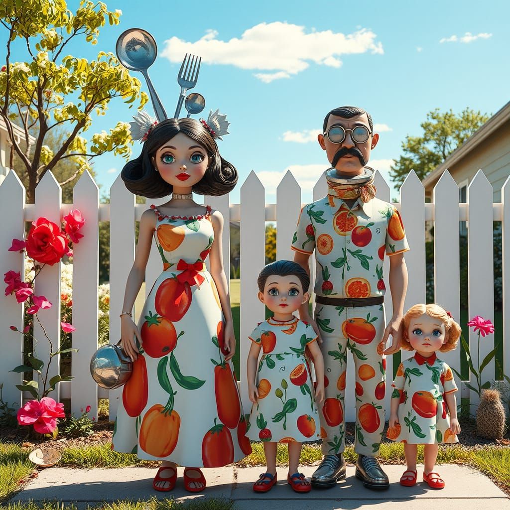 Whimsical Suburban Family in Vibrant Nostalgic Style