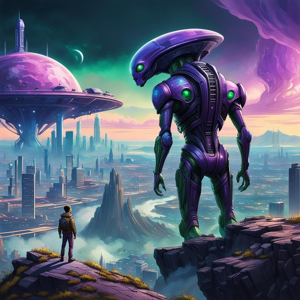Alien Overlooking Earth Cityscape in Fantasy Concept Art