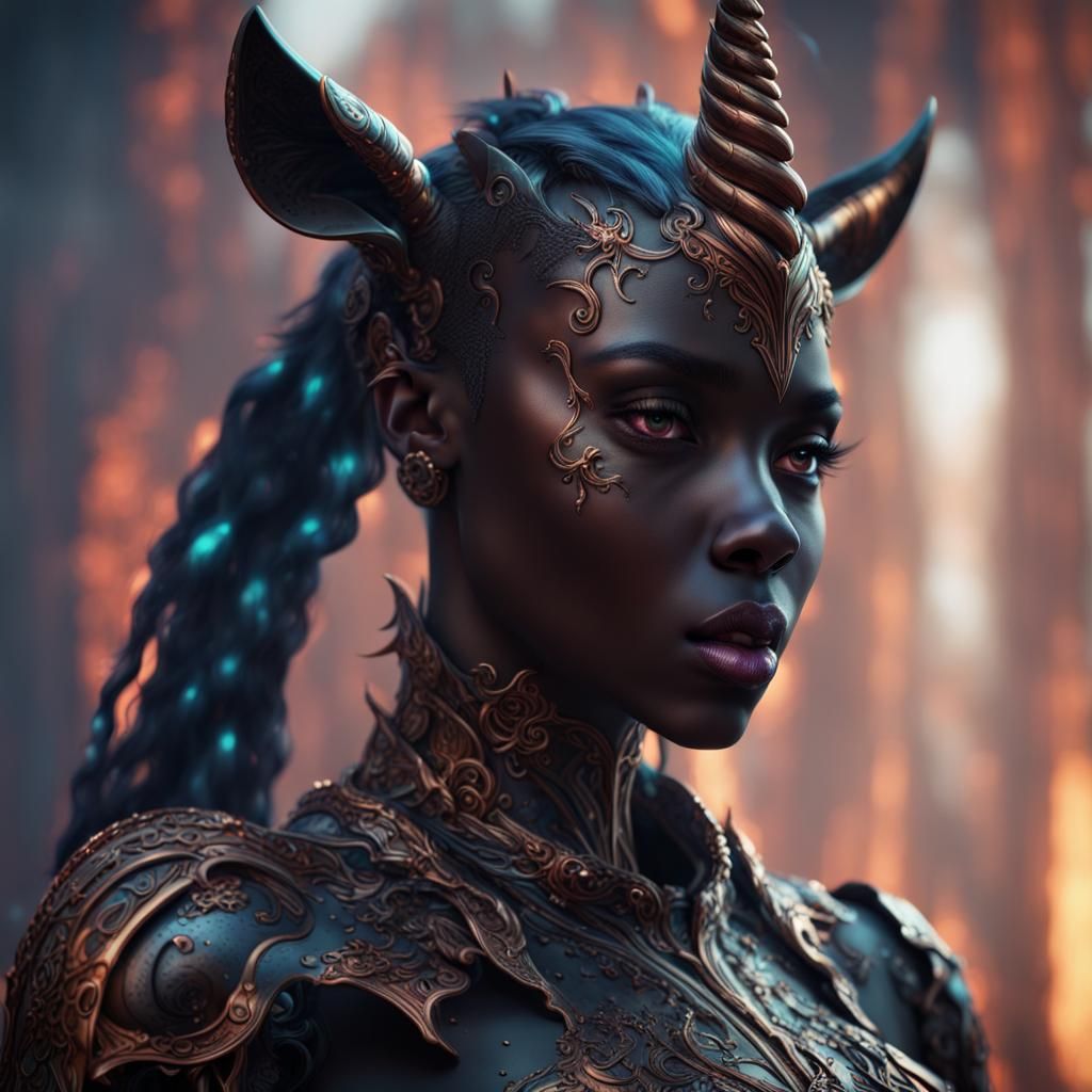Fantastical Black Unicorn Girl in Detailed Matte Painting