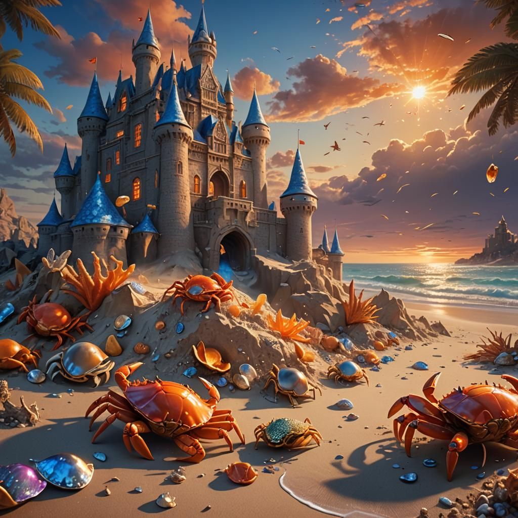 Crabs and Clams Battle for Beach Sandcastle