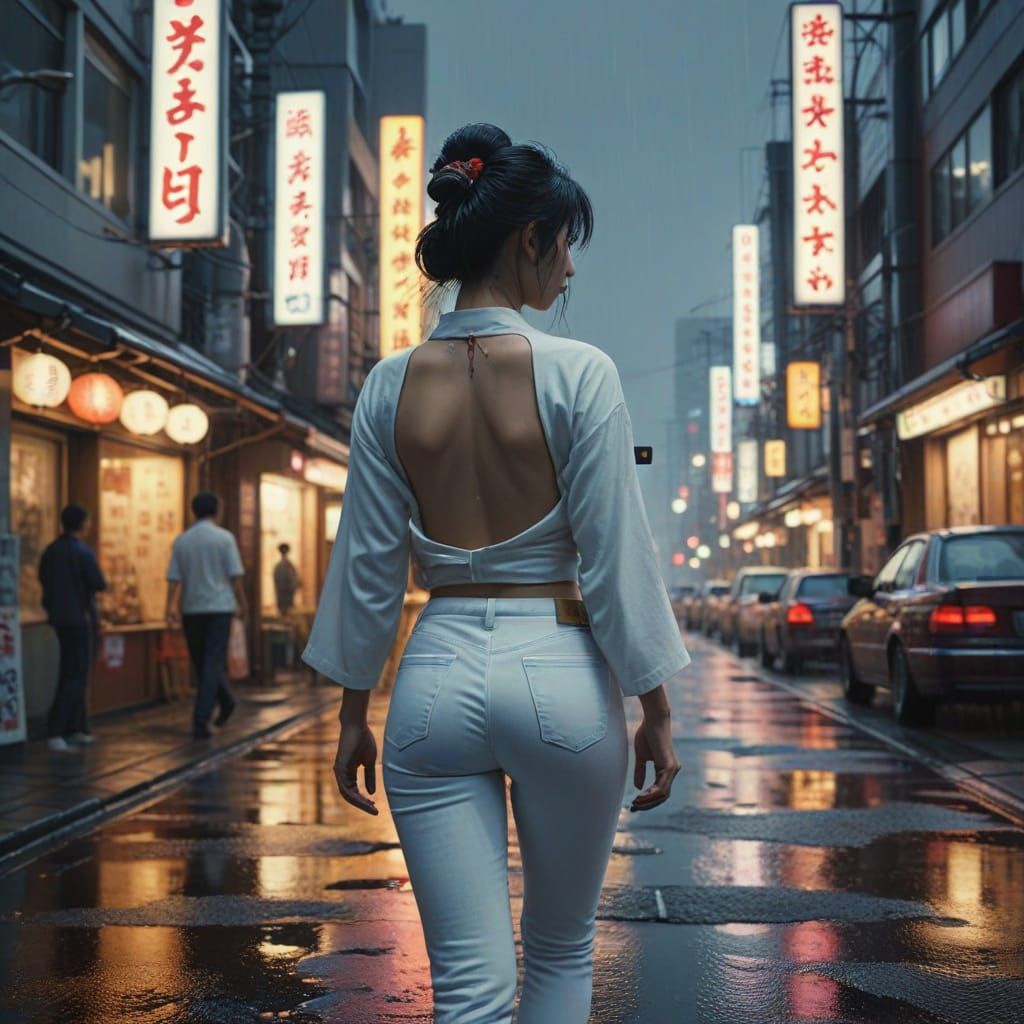 Tokyo Geisha in Neon Street at Golden Hour