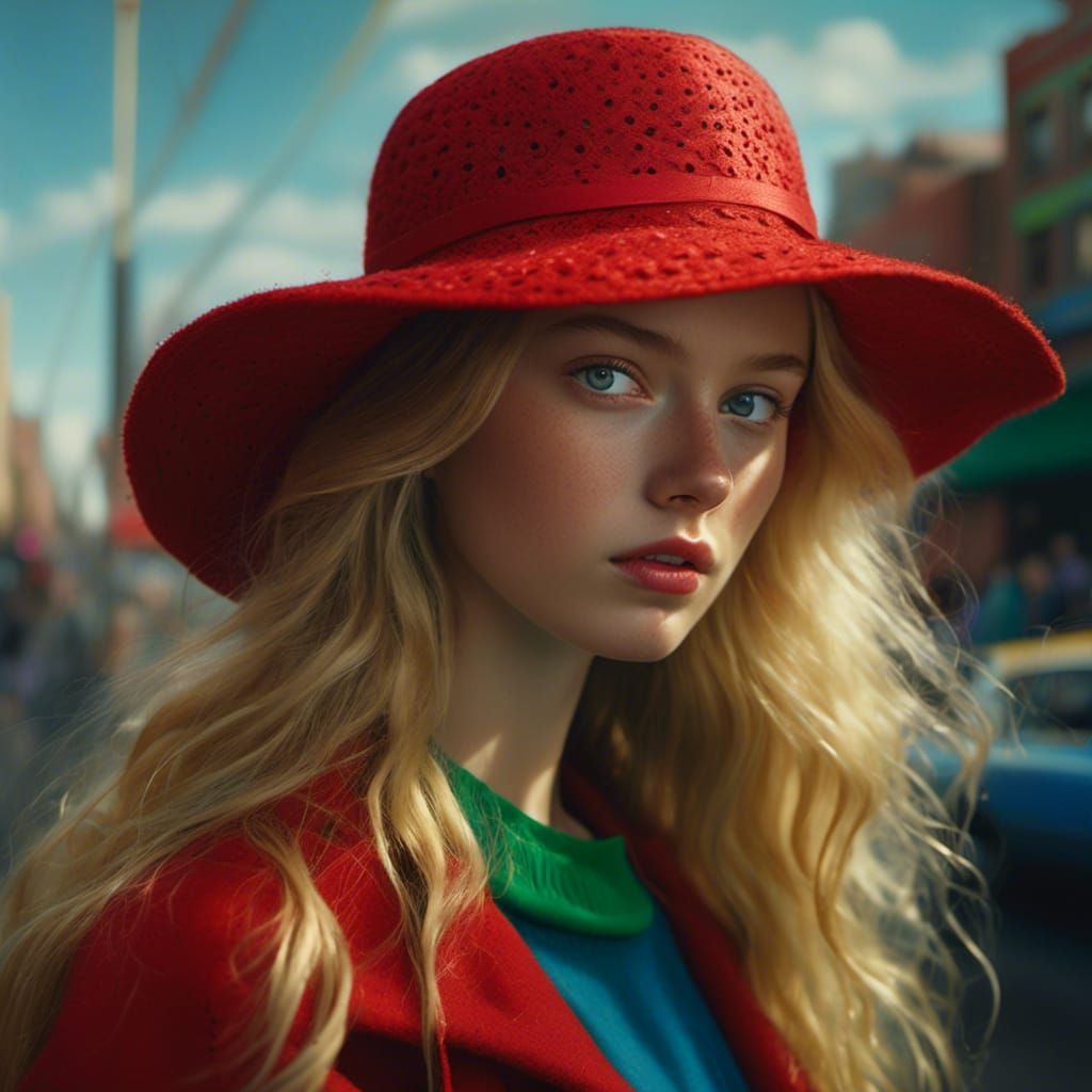 <lora:MakeItPretty:1.0> cute blonde girl with freckles wearing red NYC hat, long blonde hair captivate green eyes,  perf...