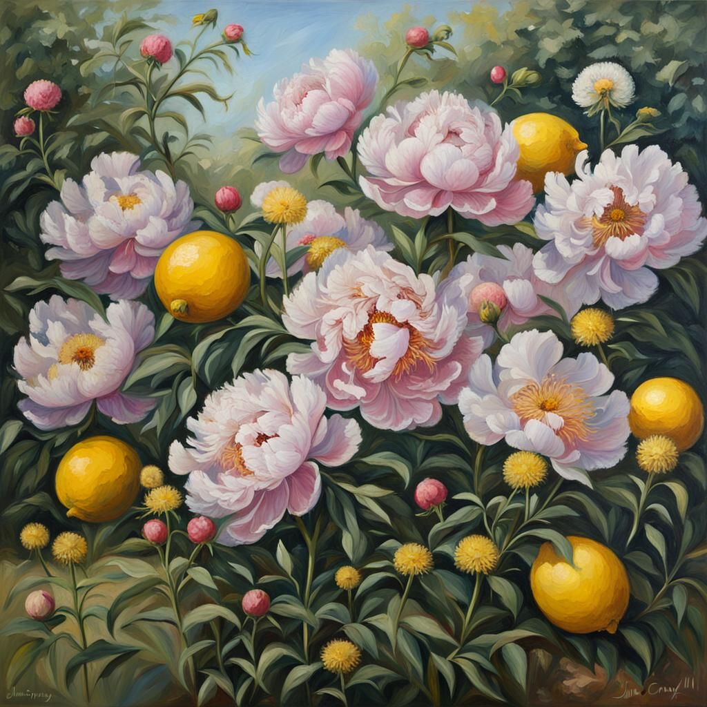 Peonies, Dandelions, and Lemons: An Oil Painting
