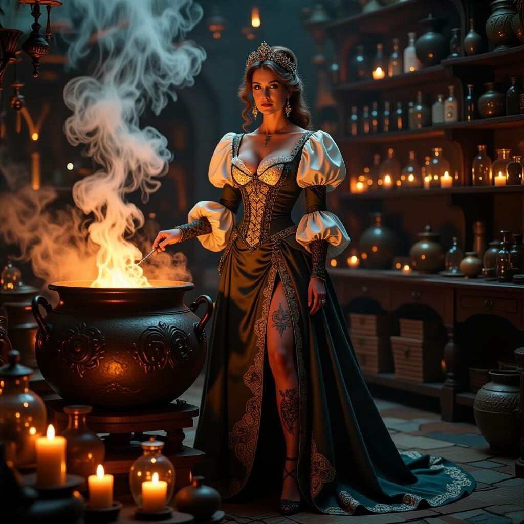 Medieval Woman with Cauldron in Industrial Fantasy Style