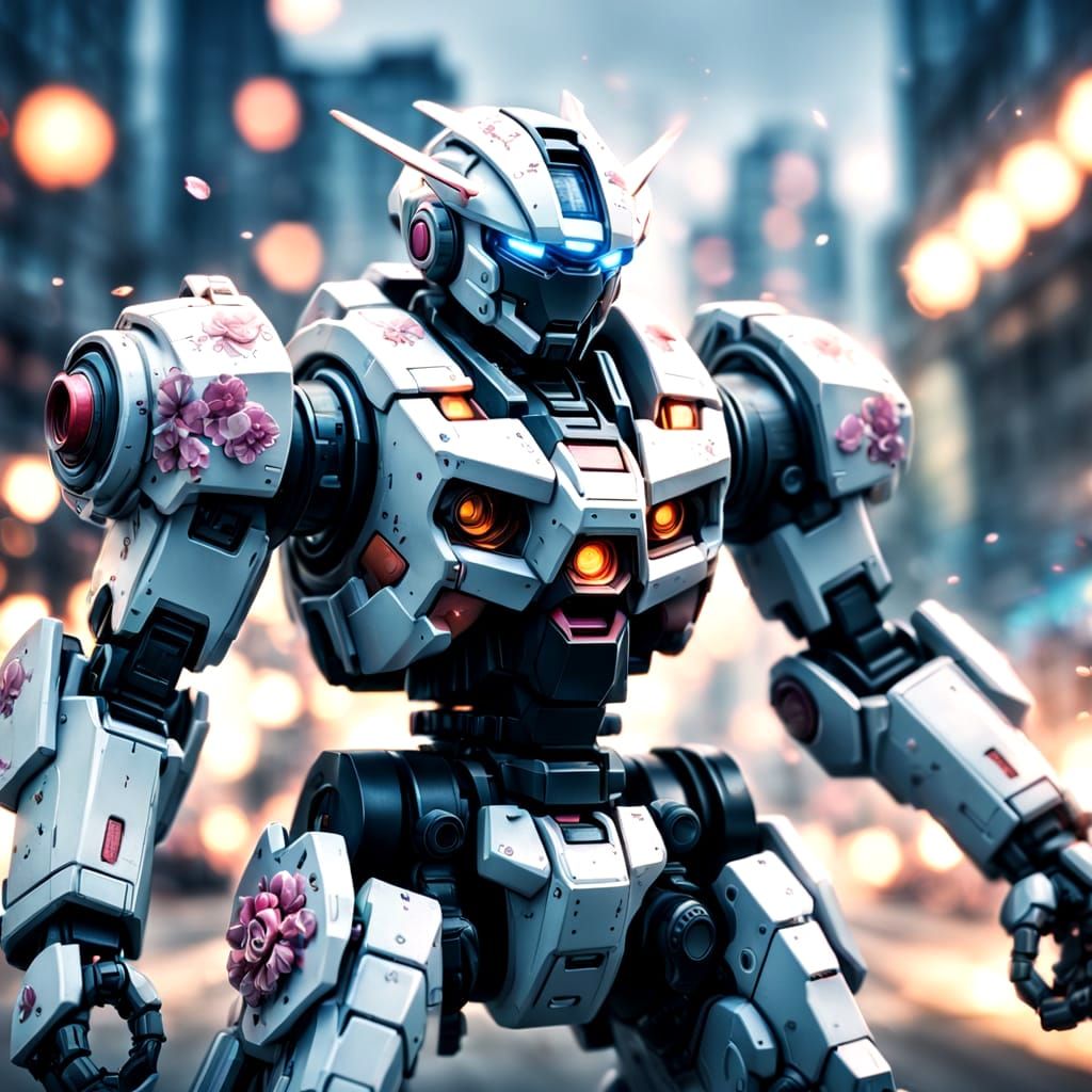 Anime Mecha with Blossom Blaster in Bokeh Style