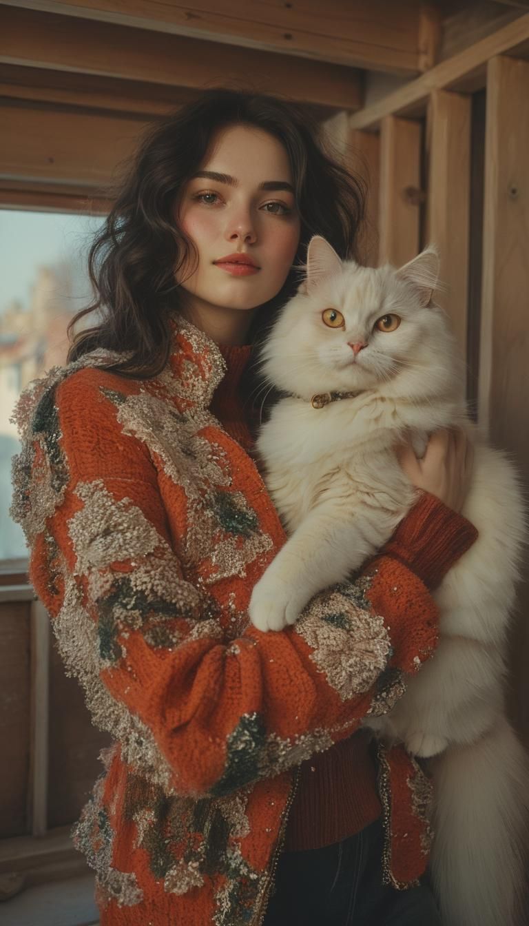 Girl and Cat on Windowsill in Watercolor Style