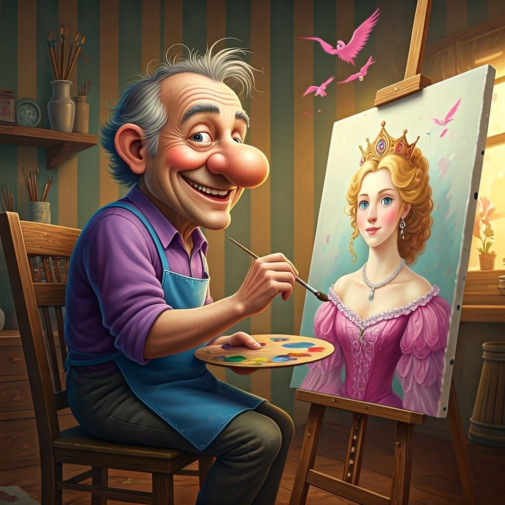 Whimsical Elderly Artist Paints Princess Portrait in Hyperre...
