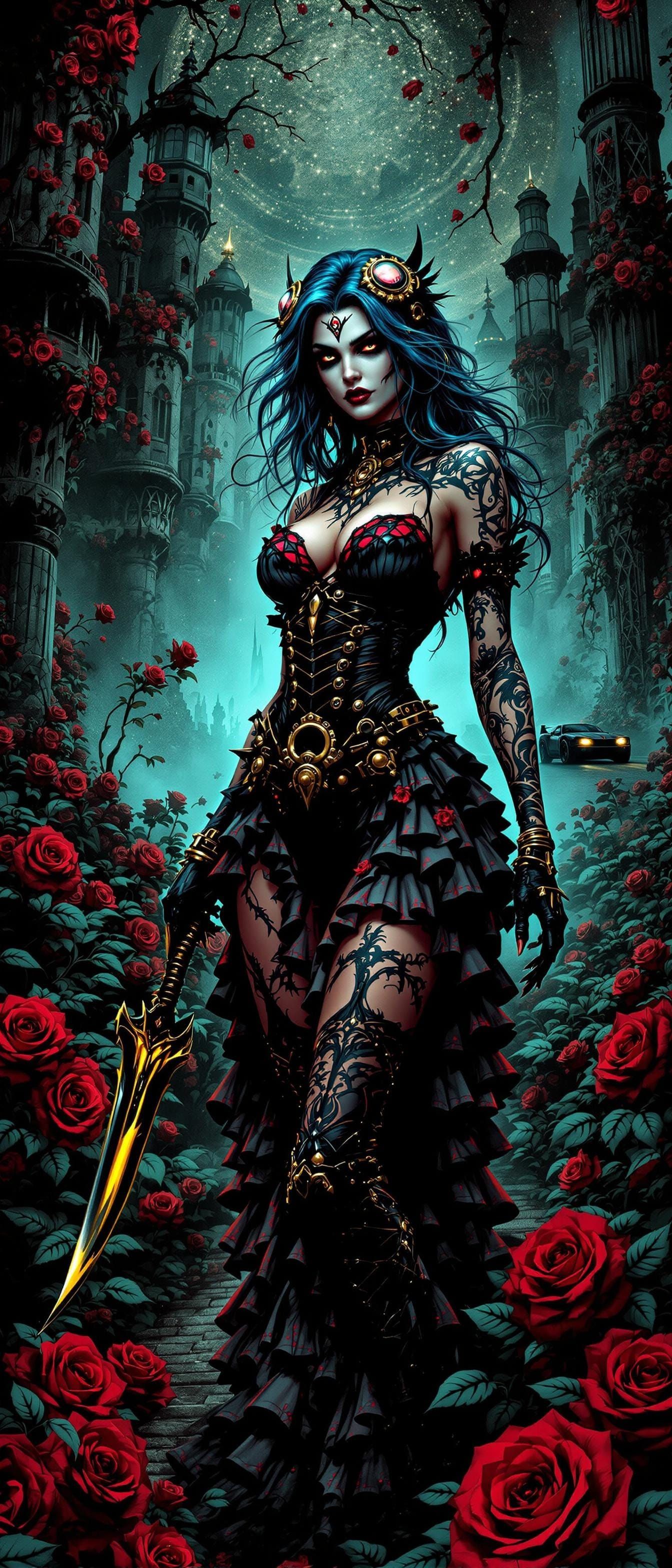 Steampunk Woman with Obsidian Blade in Macabre City
