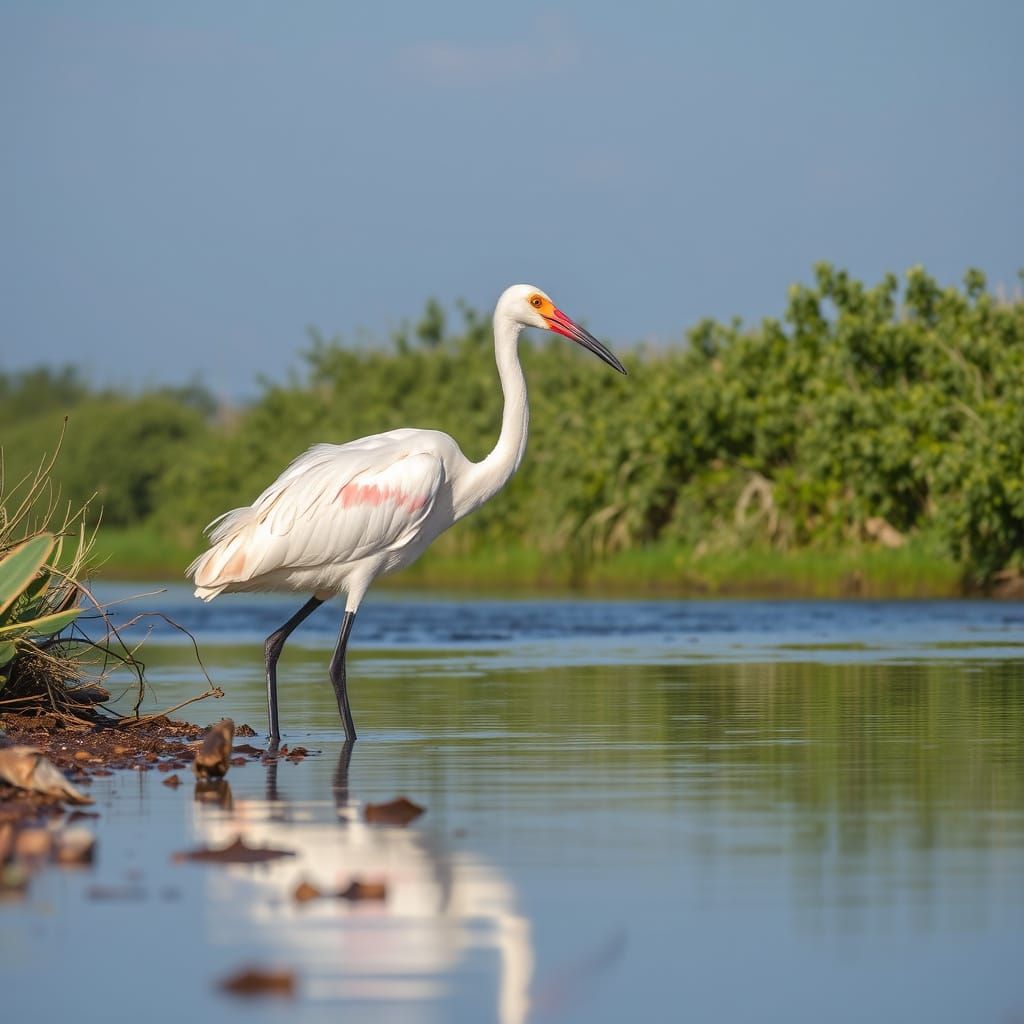 Elegant Ibis Standing by a Serene River