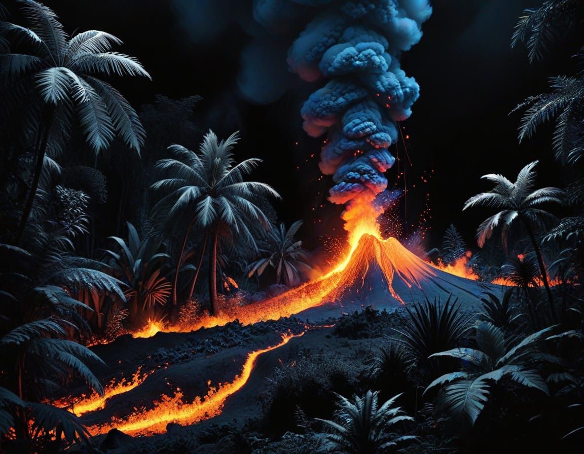 Lava Eruption in Tropical Jungle Landscape