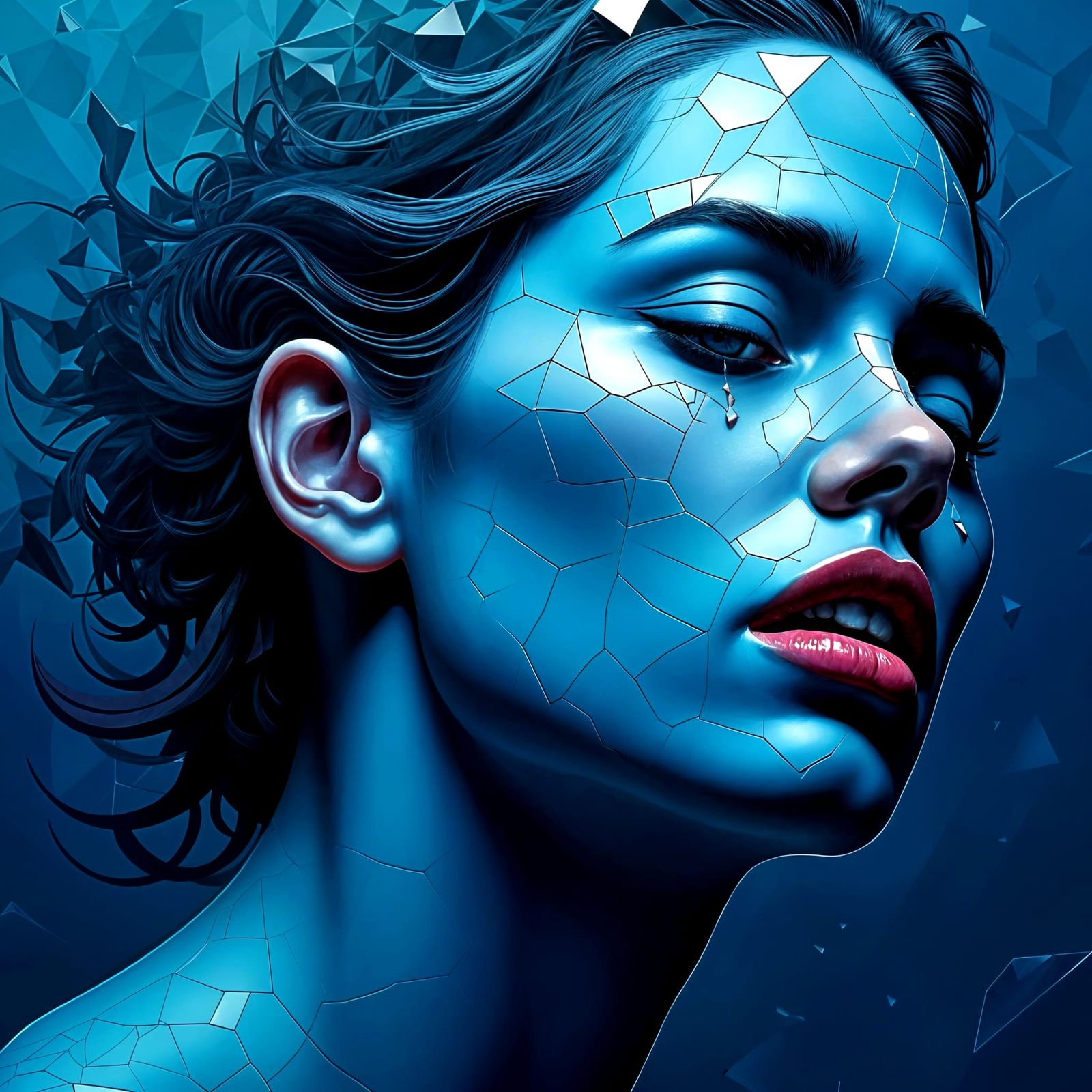 Surreal Woman in Blues, Broken Glass Background