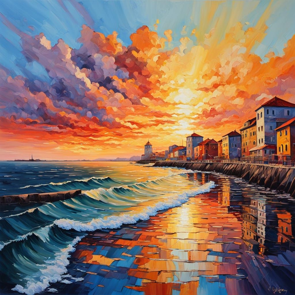 Vibrant Sunset Cityscape by the Sea in Oil Painting