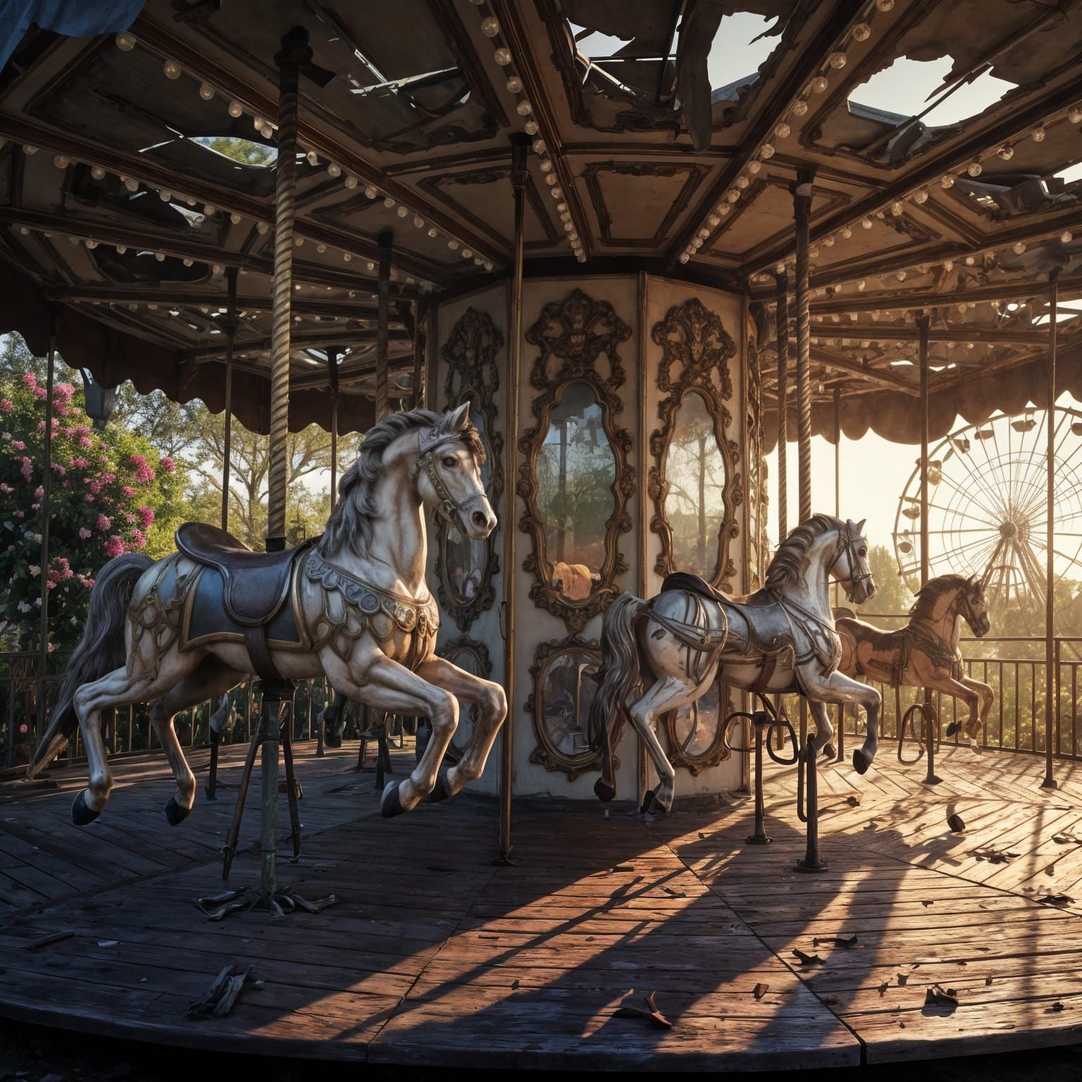 Antique Carousel in Abandoned Park at Golden Hour