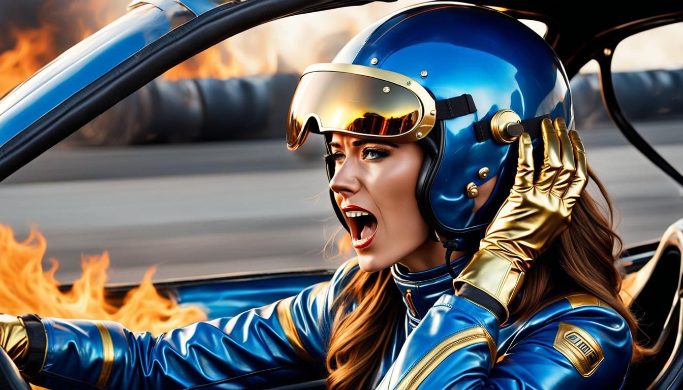 Distressed Racer in Burning Car: High Detail Image