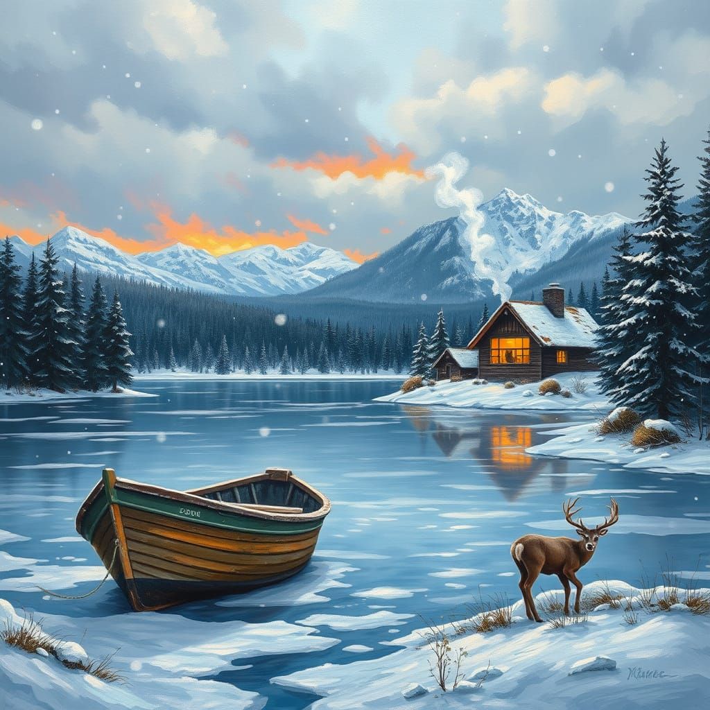 Winter Forest With Deer and Boat in Neo-Impressionist Style